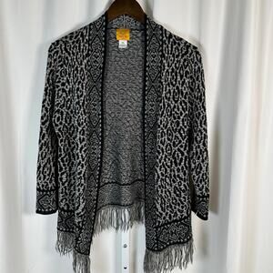 Ruby Rd. Gray Silver Metallic Cheetah Leopard Open Cardigan Sweater PXL Fringe
